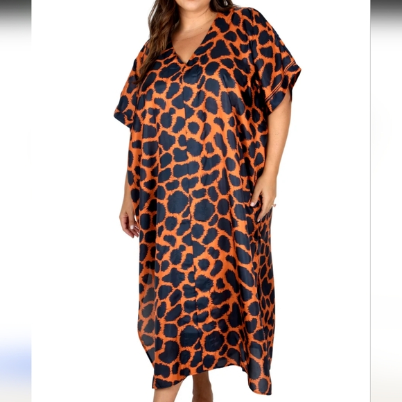 Sante Grace Tangerine Orange and Navy Printed Silk Habotai Caftan One Size - Picture 1 of 9